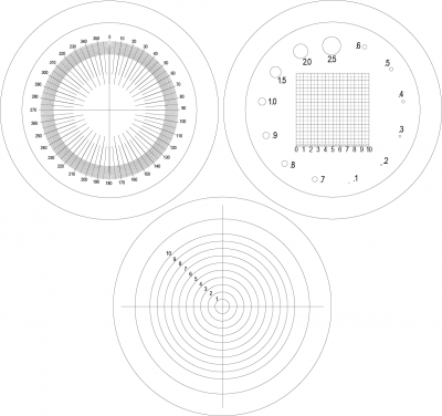 1) Goniometro 360° passo 1°<br /><br />2) Reticolo 10x10mm con maglia a 0.5mm / misura diametri 0.1÷1.0mm<br /><br />3) misura diametri 1÷10mm