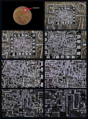 Compositche mostra un microchip dalle dimensioni 0,7x0,5 mm poggiato su una monetizza da 2 centesimi dal diametro di 19mm (in post produzione poiché il microchip era fissato su un vetrino seppur senza copri oggetto non mi andava di tentare di rimuoverlo rischiando di rovinarlo), l'ultima immagine è a 625 ingrandimenti