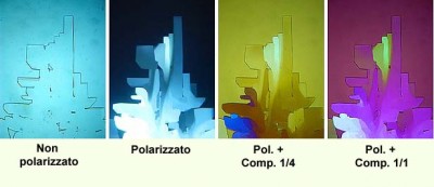 Saccarosio (cristallizzazione lenta)<br />Da sinistra: luce normale, luce polarizzata, polarizzata + compensatore di 1/4° Ordine, polarizzata + I° Ordine.