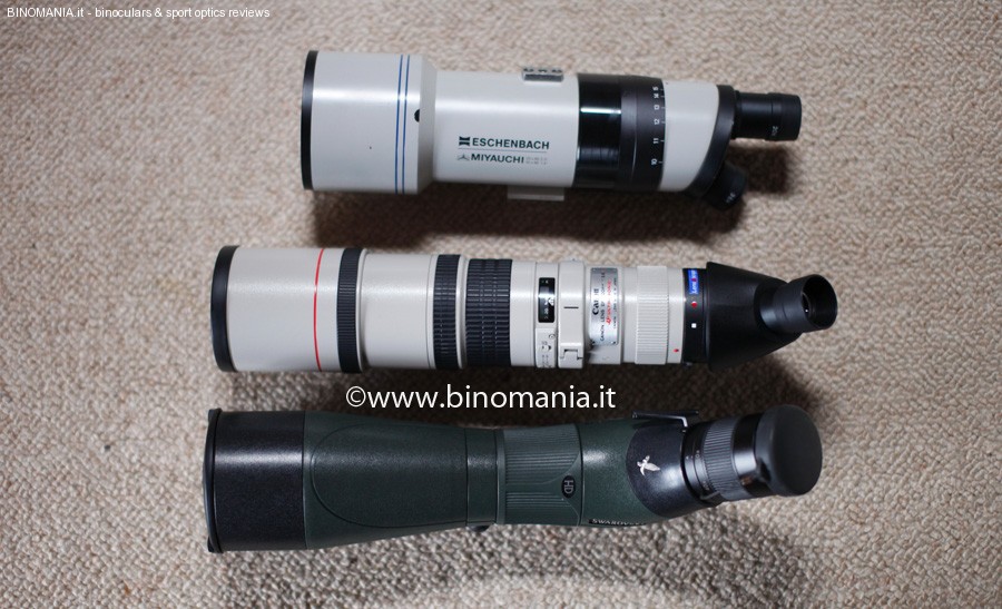 A partire dal basso: Swarovski ATM 80 HD, Canon AF L 400 F 5.6, con Lens2Scope ed un vecchio cannocchiale Eschenbach Miyauchi M