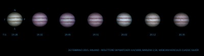 Giove la sera del 26 febbraio. Solito riflettore 114/1000 Skywatcher con barlow autocostruita e webcam Hercules.