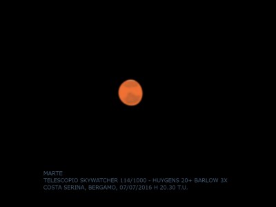 Marte, 7 luglio 2016, circa le 20.30 T.U.<br />Dati nel disegno; orientazione telescopica.