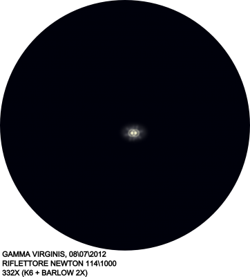 Gamma Virginis, riflettore 114\1000; oculare K6+Barlow 2x, 332x