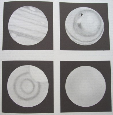 Disegni di Urano sulla base di osservazioni visuali. In alto due disegni di O'Meara con rifrattore Clark 9 pollici, in basso a sinistra disegni di Ranck (4&quot; OG) e Abbey (6&quot; newton).
